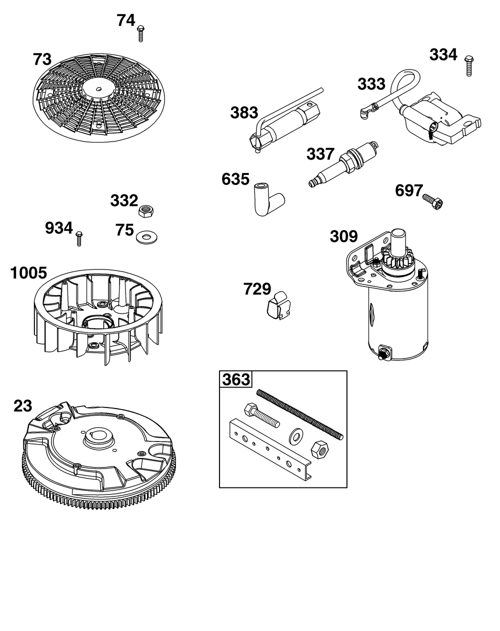 Flywheel, Ignition, And Starter Group Diagram and Parts List for 44N677-0064-B5 400000 - 699999 Briggs and Stratton Engine
